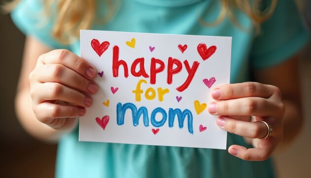 Child hands hold colorful card with happy for mom message and hearts. Handmade drawing expresses love and appreciation for parent. Cute kid creation conveys warm sentiment.