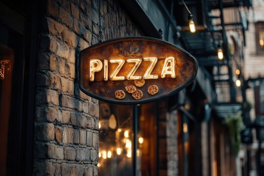 A glowing PIZZZA neon sign with small pizza illustrations hangs on a rustic brick wall, lighting up a charming city street at evening. - Powered by Adobe