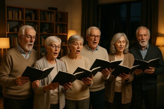 Elderly choir group singing with songbooks in cozy living room setting. - Powered by Adobe