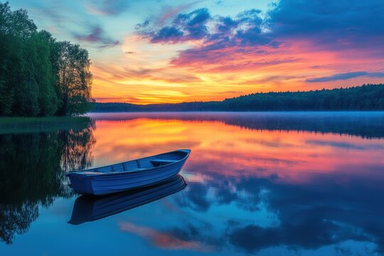 A small blue boat floats peacefully on a calm lake reflecting the vibrant colors of a beautiful sunset sky and distant forest trees.