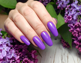 Fototapeta premium Beautiful purple manicure on a woman's hand. Manicure with violet semi-permanent nail polish applied to oval nails