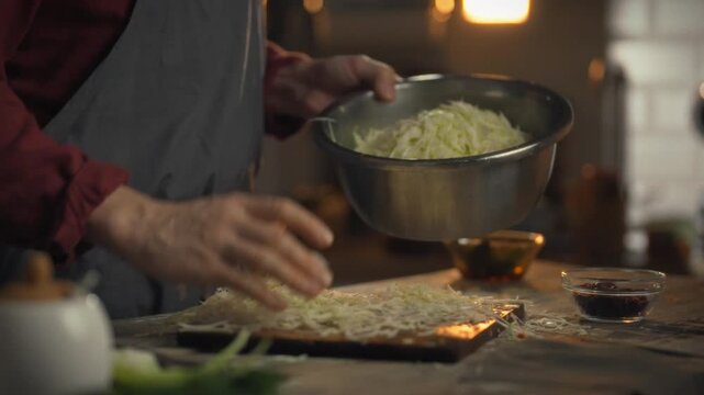 A cook prepares chopped cabbage in a large metal bowl in a cozy kitchen. The scene captures the focus and dedication put into creating a delicious meal, emphasizing the cooking process