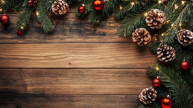 Warm rustic wooden background adorned with festive pine branches, glowing fairy lights, pinecones, and shimmering red baubles, perfect for holiday greetings and winter designs.