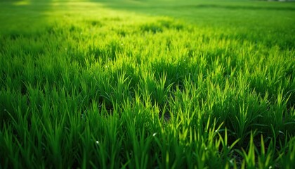 Obraz premium Vibrant green grass grows densely under warm sunlight. Rich blades sway gently creating a peaceful, natural scene. Healthy plant life fills frame.