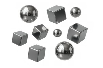 Silver metallic geometric shapes, cubes and spheres, flowing with reflections on a transparent background