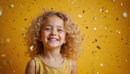 Curly haired child smiles brightly amid falling golden confetti. Girl wears sparkly dress, celebrating a special event with pure joy and excitement against a vibrant yellow backdrop. Fun mood.