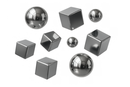 Silver metallic geometric shapes, cubes and spheres, flowing with reflections on a transparent background