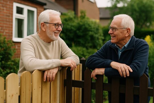 Two senior men smiling and chatting over a wooden fence in a suburban neighborhood, enjoying friendly conversation outdoors.