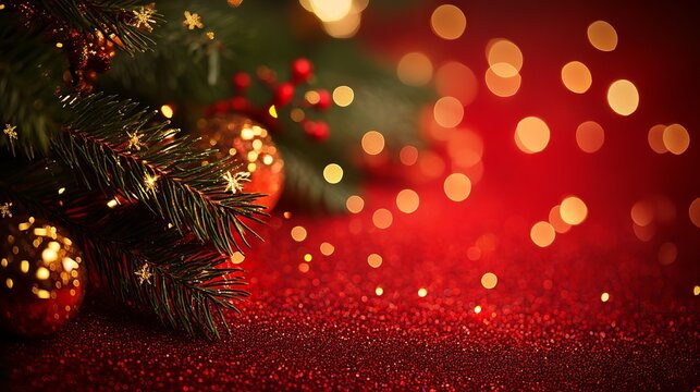 Sparkling festive Christmas branch with golden ornaments and bokeh lights on a rich red background creating magical holiday ambiance