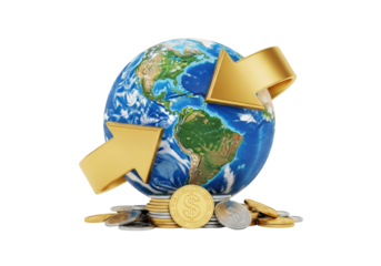 Global finance concept with Earth globe and golden arrows isolated PNG, international money exchange and worldwide economy