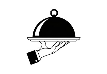 Obraz premium Elegant silver serving platter with dome cover isolated PNG, waiter hand holding tray for restaurant catering and special event service