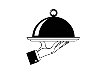 Elegant silver serving platter with dome cover isolated PNG, waiter hand holding tray for restaurant catering and special event service