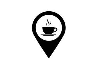 Black coffee cup location pin PNG isolated on transparent background, cafe locator icon for maps and navigation apps