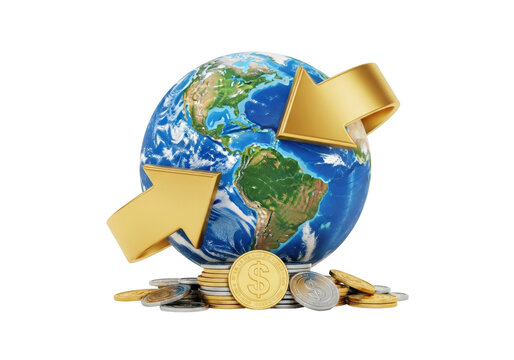 Global finance concept with Earth globe and golden arrows isolated PNG, international money exchange and worldwide economy