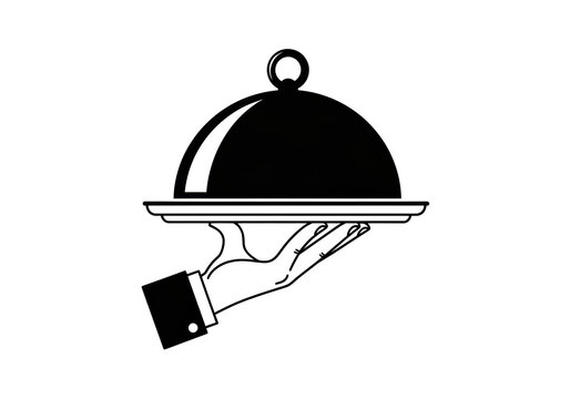 Elegant silver serving platter with dome cover isolated PNG, waiter hand holding tray for restaurant catering and special event service