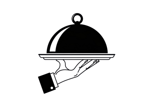 Elegant silver serving platter with dome cover isolated PNG, waiter hand holding tray for restaurant catering and special event service