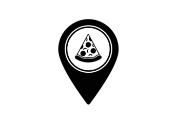 Black pizza slice location pin PNG isolated on transparent background, restaurant locator icon for maps and delivery apps