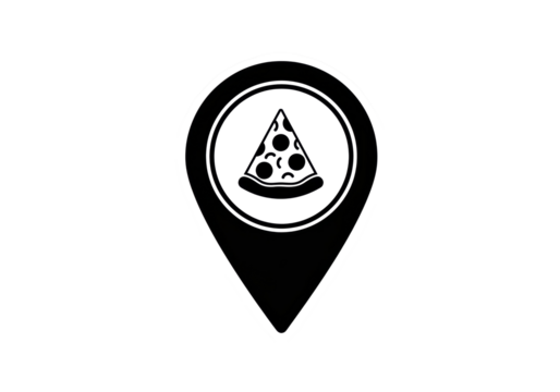 Black pizza slice location pin PNG isolated on transparent background, restaurant locator icon for maps and delivery apps