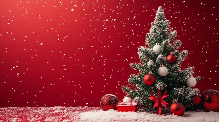 Festive Christmas tree with red and white ornaments sparkles amidst falling snow and presents on a vibrant red background
