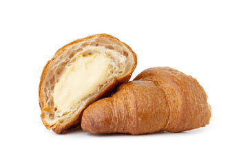 Croissant with vanilla cream on white isolated background