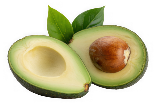 Fresh ripe avocado halves with green leaves, healthy superfood isolated on transparent background