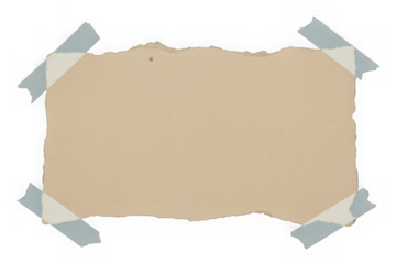 Torn kraft paper note with blue tape, a rustic message frame isolated on transparent background