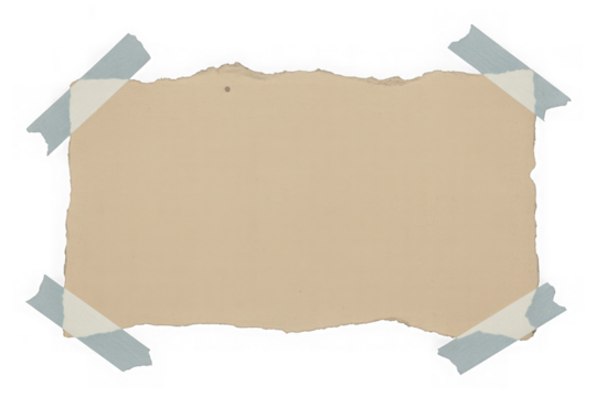 Torn kraft paper note with blue tape, a rustic message frame isolated on transparent background