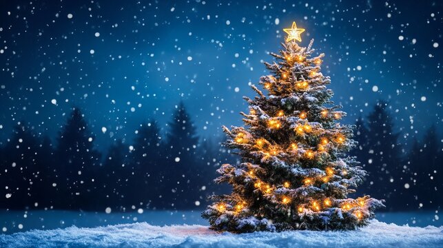 Stunning snow-covered evergreen tree sparkles with warm fairy lights and a glowing star atop, creating a magical winter wonderland scene.