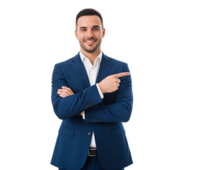 Businessman in suit with folded arms pointing to the right as a confident cue for the right choice and trusted protection useful for bank posters or insurance flyers and product guarantee badges