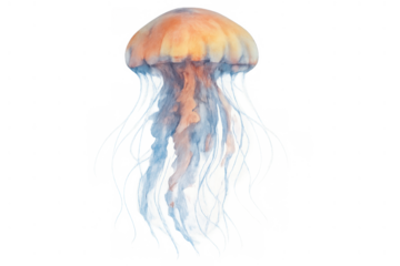 Jellyfish watercolor illustration floating, marine animal with translucent body and tentacles, ocean life drawing on transparent background