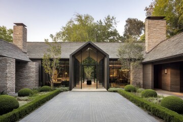 A contemporary home entrance features a captivating design of stone and glass, beautifully set within a tranquil garden during the afternoon light