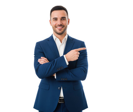 Businessman in suit with folded arms pointing to the right as a confident cue for the right choice and trusted protection useful for bank posters or insurance flyers and product guarantee badges
