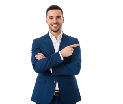 Businessman in suit with folded arms pointing to the right as a confident cue for the right choice and trusted protection useful for bank posters or insurance flyers and product guarantee badges