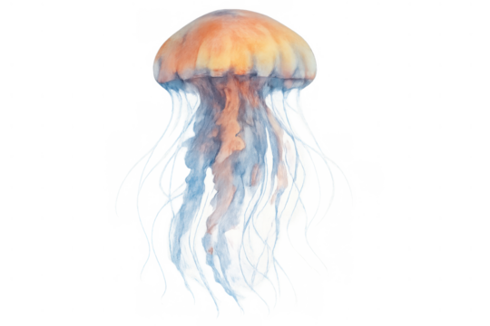 Jellyfish watercolor illustration floating, marine animal with translucent body and tentacles, ocean life drawing on transparent background