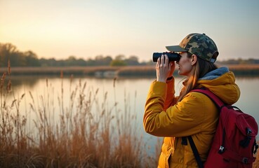 Young woman biologist watches birds with binoculars near lake or river. She wears yellow jacket, backpack. Observer enjoys nature, wildlife exploration outdoors during golden hour. Reeds grow on bank.