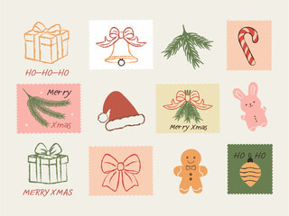 Vintage hand-drawn Christmas postage stamp set in crayon doodle style featuring fir branches, ribbons, toys, gifts, bows, candy canes, bell, gingerbread,and Santa’s hat—perfect for postmarks, stickers