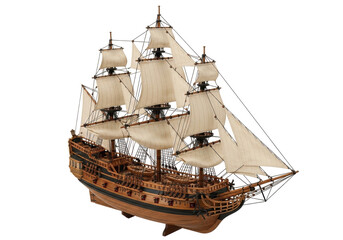 Detailed wooden galleon ship model isolated PNG, antique sailing vessel with sails on transparent background for nautical themes © Finn