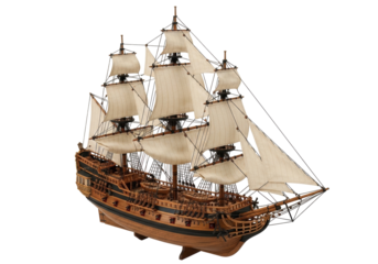 Detailed wooden galleon ship model isolated PNG, antique sailing vessel with sails on transparent background for nautical themes