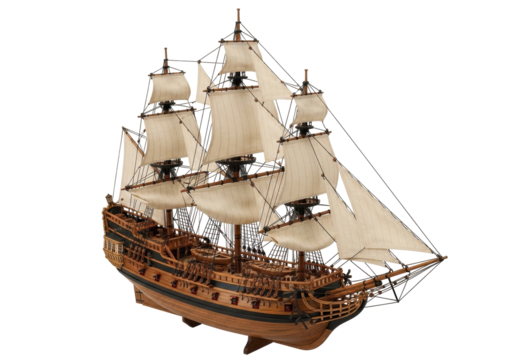 Detailed wooden galleon ship model isolated PNG, antique sailing vessel with sails on transparent background for nautical themes