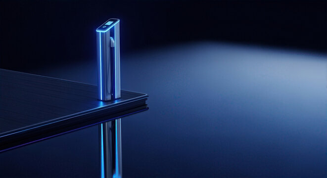 A futuristic electric vehicle charging station with glowing blue lights. Modern EV charger representing sustainable energy and e-mobility. Future of transportation concept with copy space