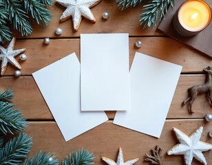 Flat lay of Christmas card mockups on a rustic wooden table. Includes pine branches, star cookies, baubles, candle, and reindeer figurine. Offers space for custom greeting messages.