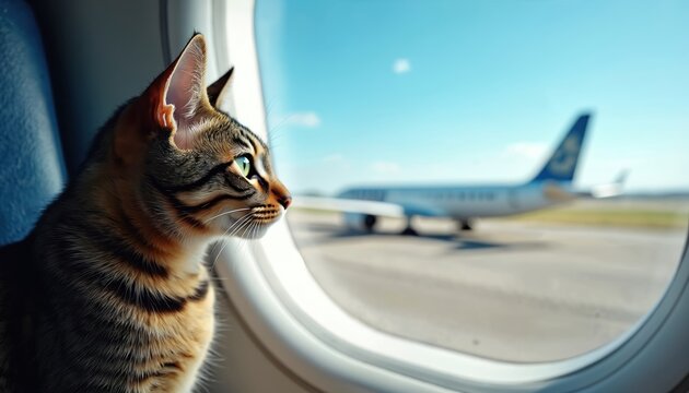 Tabby cat sits in airplane, gazes out window at runway and aircraft. Feline passenger looks at plane exterior, views airport tarmac, sky, anticipates travel journey.