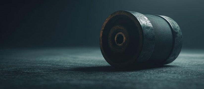 Close up of a black weight plate on a dark textured surface.