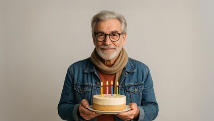 Happy senior man holding a small birthday cake with lit candles, studio portrait on neutral background.