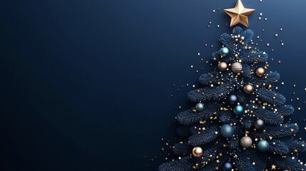 Elegant dark blue Christmas tree adorned with shimmering gold stars and festive baubles creates a magical holiday atmosphere for seasonal celebrations