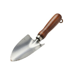 Close up shot of a garden trowel with wooden handle isolated on black background