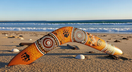 Traditional Australian boomerang decorated with Aboriginal art on sandy beach at sunset. Australian boomerang rests on shoreline surrounded by seashells and natural elements,