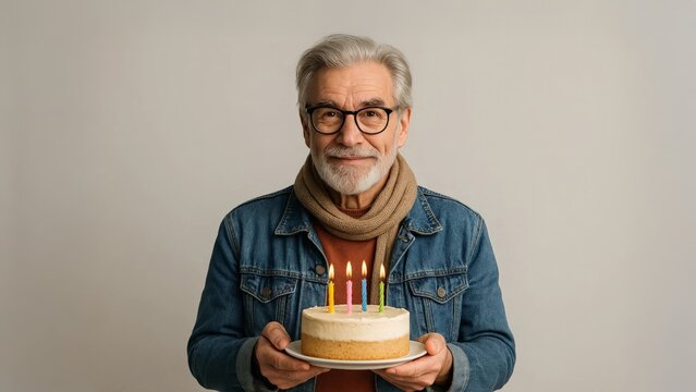Happy senior man holding a small birthday cake with lit candles, studio portrait on neutral background.