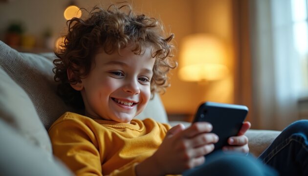 Smiling young boy plays game on mobile phone relaxing comfortably on sofa at home. Happy curly haired kid enjoys digital screen entertainment. Child laughs, uses smartphone device indoors in cozy