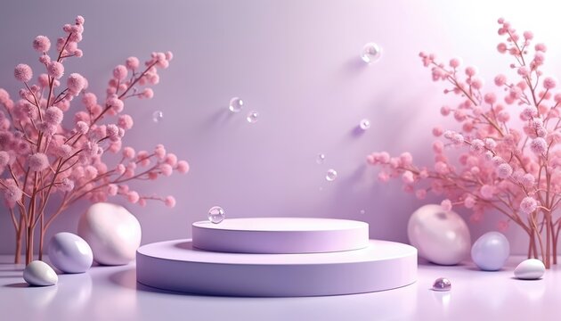 Lilac scene background displays podium. Round pedestal beauty products. Pink floral decorates stage. Bubbles float. Backdrop perfect for cosmetic branding mockups. Empty space. Presentation template